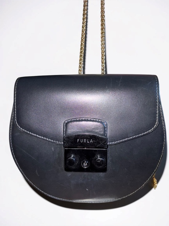 Furla Handbags - Furla Black Leather Half-Moon Crossbody with Gold Chain